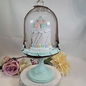 Bunny Blvd EASTER Egg Cake Cloche Glass Dome Pedestal Faux Cake Macarons NWT